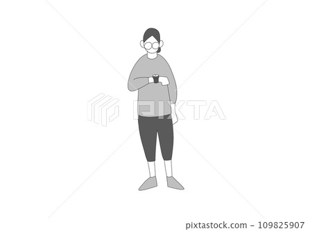 一個髮髻頭髮的男人看著時鐘，簡單的線條畫插圖，灰色 109825907