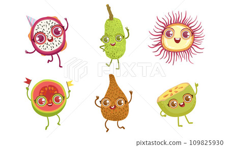 Funny Tropical Fruit Characters Set, Dragon, Snake Fruit, Guava, Rambutan Vector Illustration 109825930