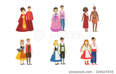Men and Women Dressed Folk Costumes of Various Countries Set, Denmark, Ukraine, Finland, China, Korea, Ethiopia Vector Illustration Men and Women Dressed Folk Costumes of Various Countries Set, Denmark, Ukraine, Finland, China, Korea, Ethiopia Vector Illustration 109825938