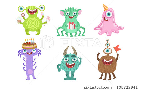 Cute Happy Monsters Set, Funny Friendly Cartoon Mutant Characters, Childish Birthday Party Design Elements Vector Illustration 109825941