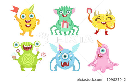Cute Happy Monsters Set, Funny Friendly Colorful Mutant Characters, Childish Birthday Party Design Elements Vector Illustration Cute Happy Monsters Set, Funny Friendly Colorful Mutant Characters, Childish Birthday Party Design Elements Vector Illustration 109825942