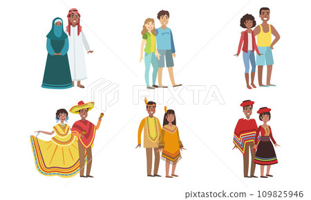 Men and Women Dressed Folk Costumes of Various Countries Set, Peru, Ameican Indian, USA, Mexico, UAE Vector Illustration 109825946