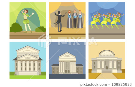 Opera or Theater Building Facade Set, Actors Performing on Stage, Concert, Opera, Singer Musicians and Conductor Vector Illustration 109825953