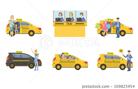 Taxi Service Set, Taxi Driver in Yellow Car and Passengers, Customers Catching Cab, Call Operator Support Service Vector Illustration Taxi Service Set, Taxi Driver in Yellow Car and Passengers, Customers Catching Cab, Call Operator Support Service Vector Illustration 109825954