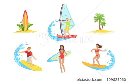 Summertime Sports Activities and Hobbies Set, Girl Relaxing on Summer Vacation, Yachting and Surfing Vector Illustration Summertime Sports Activities and Hobbies Set, Girl Relaxing on Summer Vacation, Yachting and Surfing Vector Illustration 109825960