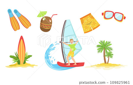 Summertime Sports Activities and Hobbies Set, Man Relaxing on Summer Vacation, Yachting and Surfing Vector Illustration 109825961