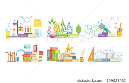 School Subjects Set, Chemistry, Biology, Astronomy, Foreign Language, Literature, Geometry Vector Illustration 109825962