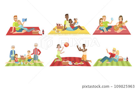 Happy Families Having Picnic In Park Set, People Sitting On Plaids, Eating and Relaxing, Cheerful Family Couples and Kids Spending Time Together Vector Illustration Happy Families Having Picnic In Park Set, People Sitting On Plaids, Eating and Relaxing, Cheerful Family Couples and Kids Spending Time Together Vector Illustration 109825963