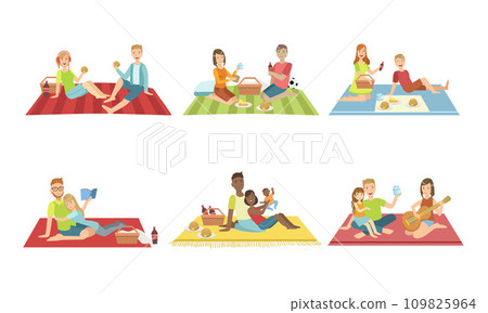 Happy Families Having Picnic In Park Set, People Sitting On Plaids, Eating and Relaxing, Couples and Kids Spending Time Together Vector Illustration 109825964