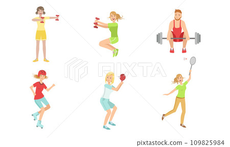 People Doing Different Kinds of Sports Set, Sportive Men and Women Exercising with Dumbbells and Barbell, Playing Table Tennis and Badminton Vector Illustration 109825984