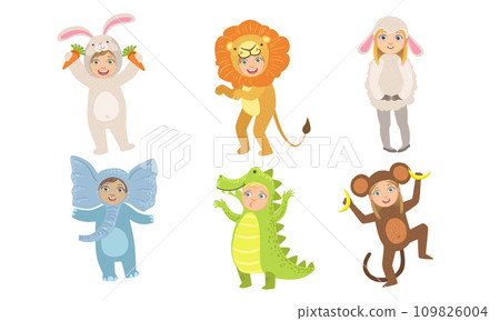 Cute Happy Kids Dressed Animal Costumes Set, Elephant, Crocodile, Monkey, Rabbit, Bunny, Lion, Sheep Vector Illustration 109826004