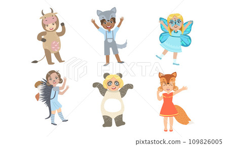Cute Happy Kids Dressed Animal Costumes Set, Cow, Wolf, Butterfly, Hedgehog, Panda, Fox Vector Illustration 109826005