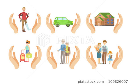 Insurance Services Set, Different Types of Insurances, Health, Car, Home, Travel, Old Age, Family Vector Illustration 109826007