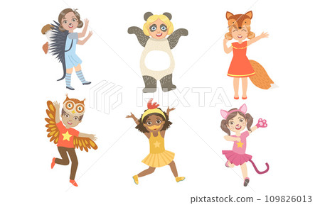Cute Happy Kids Dressed Animal Costumes Set, Hedgehog, Panda, Fox, Owl, Chicken, Cat Vector Illustration 109826013