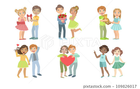 Cute Happy Teenage Couples Set, Adorable Boys and Girls Having Good Time Together Vector Illustration 109826017