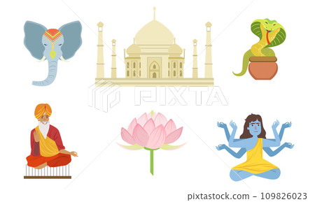 Traditional Indian Symbols Set, Elephant, Taj Mahal, Cobra, Lotus Flower, Shiva Vector Illustration 109826023