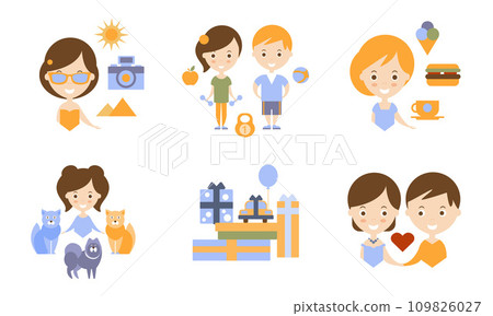 Happy Family Modern Lifestyle Icons Set, Travel, Holidays and Healthy Lifestyle Flat Vector Illustration 109826027