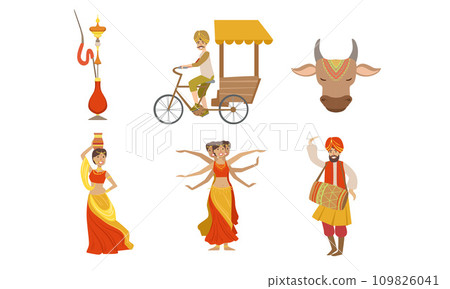 Indian People in Traditional Clothing Symbols of Country Set, Rickshaw, Sacred Cow, Dancing People Vector Illustration 109826041