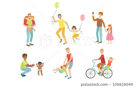 Fathers and Their Kids Having Good Time Together Set, Dads Playing, Riding Bike, Having Fun with Their Children Vector Illustration 109826049