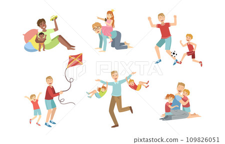 Fathers and Their Kids Having Good Time Together Set, Happy Dads Playing, Doing Sports, Having Fun with Their Children Vector Illustration 109826051