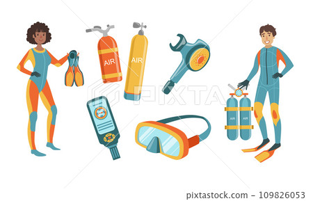 Snorkeling and Scuba Diving Elements Set, Scuba Diver Man and Woman Characters Dressed in Wetsuits with Equipment, Diving Mask, Oxygen Cylinders, Depth Gauge, Fins Vector Illustration 109826053