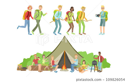 Happy People Characters Having Picnic Set, Families Travelling on Summer Vacation Vector Illustration 109826054