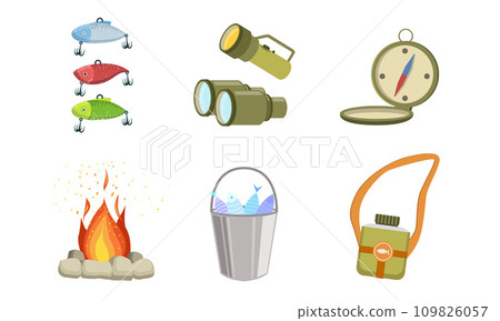 Fishing Sport Equipment Set, Bite, Tackle, Compass, Flashlight, Binoculars, Bonfire, Bucket Full of Fish Vector Illustration Fishing Sport Equipment Set, Bite, Tackle, Compass, Flashlight, Binoculars, Bonfire, Bucket Full of Fish Vector Illustration 109826057