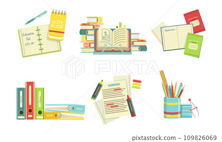 School Supplies Set, Copybook, Textbooks, Folders, Markers, Back to School Concept Vector Illustration 109826069
