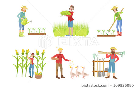People Working on Farm and Garden Set, Male and Female Farmers Characters Harvesting, Feeding Poultry, Watering Plants Vector Illustration 109826090