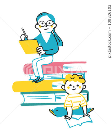 Children sitting on books and studying Illustration material 109826102