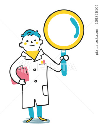 Elementary school student wearing a white coat holding up a magnifying glass Illustration material 109826105