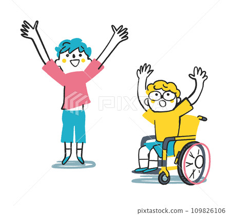 Two elementary school students in wheelchairs looking up and spreading their hands wide illustration material Two elementary school students in wheelchairs looking up and spreading their hands wide illustration material 109826106