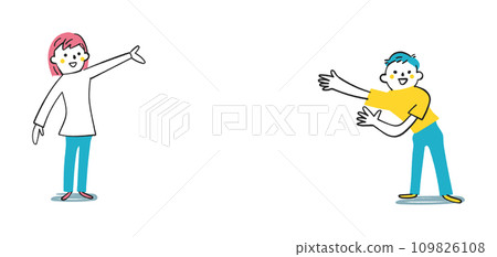 Two children inviting each other with a big gesture, elementary school students set, illustration material Two children inviting each other with a big gesture, elementary school students set, illustration material 109826108