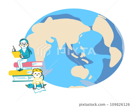 Children sitting on books and studying and the earth Illustration material 109826126
