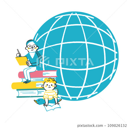 孩子們坐在書本上學習和地球插畫素材 109826132
