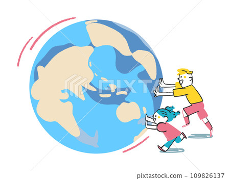 兩個坐輪椅的小學生像大球一樣滾動地球-插畫素材 109826137