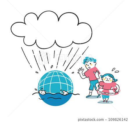 Elementary school student surprised to see the earth flooded with water Illustration material Elementary school student surprised to see the earth flooded with water Illustration material 109826142