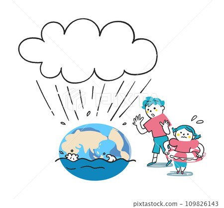 Elementary school student surprised to see the earth flooded with water Illustration material 109826143