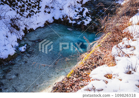 Emerald green Koono River covered with snow 109826318