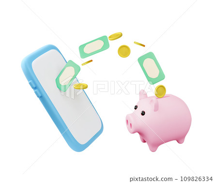 Golden coins and green banknotes flying from mobile phone to piggy bank Golden coins and green banknotes flying from mobile phone to piggy bank 109826334