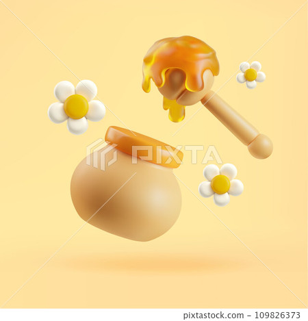 Round jar of honey and daisies 3D style, vector illustration 109826373