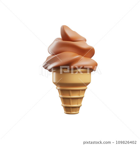 Ice cream in wafer cone realistic 3D icon, soft serve chocolate ice cream in wafer style cone, vector frozen dessert Ice cream in wafer cone realistic 3D icon, soft serve chocolate ice cream in wafer style cone, vector frozen dessert 109826402