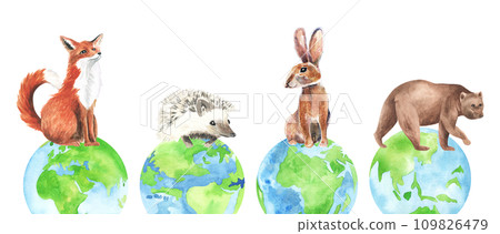 Animals in forest, Creative design world environment and earth day drawing and painting concept. illustration design. Watercolor hand drawn 109826479