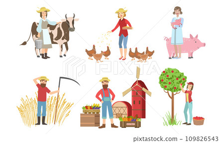 People Working on Farm and Garden Set, Male and Female Farmers Characters Harvesting, Feeding Animals, Selling Vegetables on Farm Market Vector Illustration People Working on Farm and Garden Set, Male and Female Farmers Characters Harvesting, Feeding Animals, Selling Vegetables on Farm Market Vector Illustration 109826543