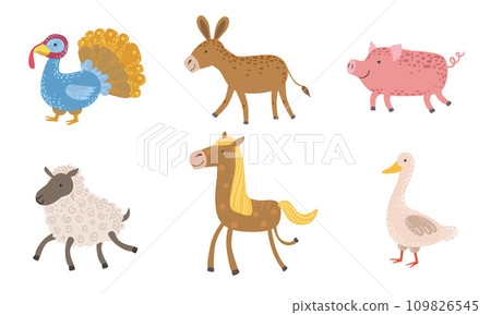 Cute Farm Animals Set, Turkey, Sheep, Donkey, Pig, Horse, Goose Vector Illustration Cute Farm Animals Set, Turkey, Sheep, Donkey, Pig, Horse, Goose Vector Illustration 109826545