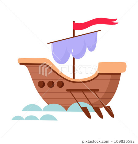Fairytale Medieval Sailing Ship with Paddles and Flag Vector Illustration 109826582