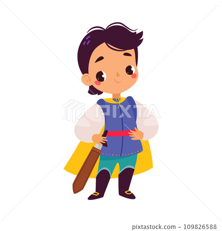 Boy Prince Stand in Cloak with Sword as Fairy Tale Character Vector Illustration Boy Prince Stand in Cloak with Sword as Fairy Tale Character Vector Illustration 109826588
