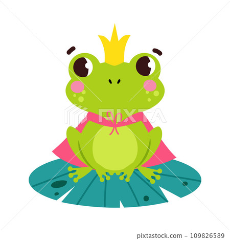 Green Frog Sit on Pad with Golden Crown on Head as Fairy Tale Character Vector Illustration Green Frog Sit on Pad with Golden Crown on Head as Fairy Tale Character Vector Illustration 109826589