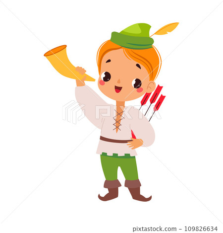 Boy Robin Hood with Trumpet and Arrow as Fairy Tale Character Vector Illustration 109826634