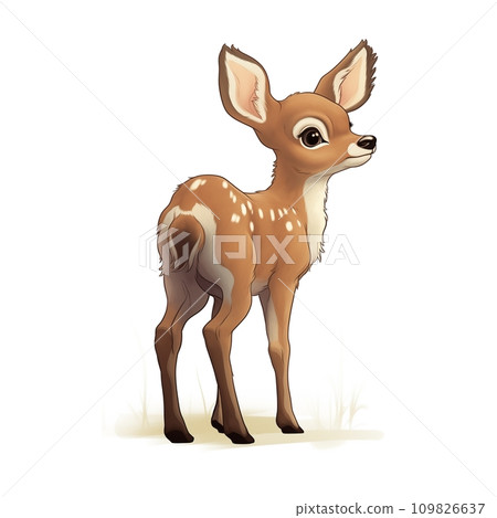 AI-generated content. Cute fawn cub on a white background rear view, illustration 2d cartoon character illustration for kids 109826637